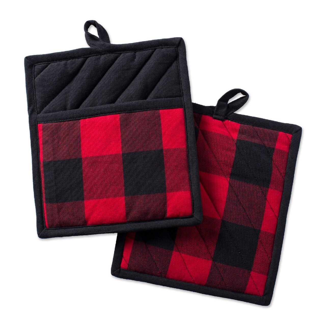 CC Home Furnishings Quilted Buffalo Check Cotton Potholders - 9" - Black and Red - Set of 2